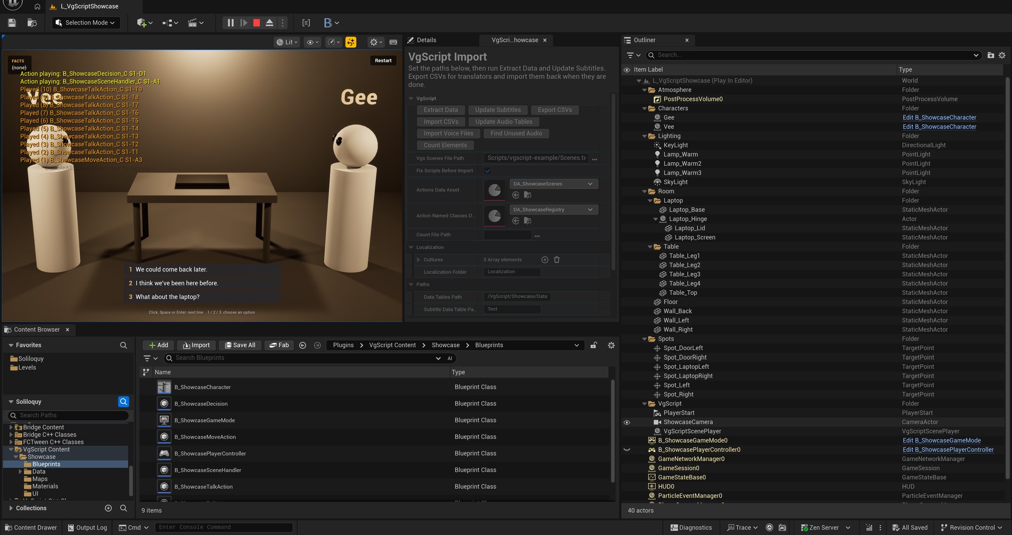 The showcase playing in the editor: Gee chooses between three options while the import tool and the showcase level are open.